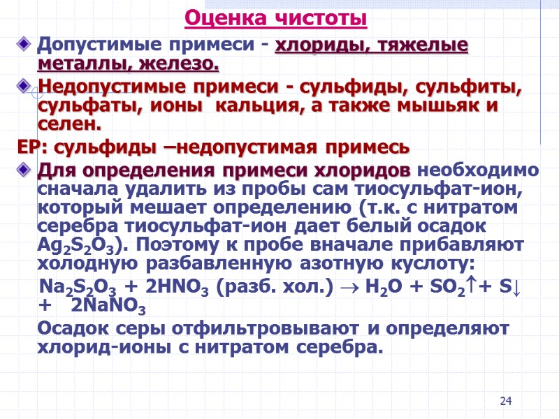 24 Оценка чистоты Допустимые примеси - хлориды, тяжелые металлы, железо. Недопустимые примеси - сульфиды,